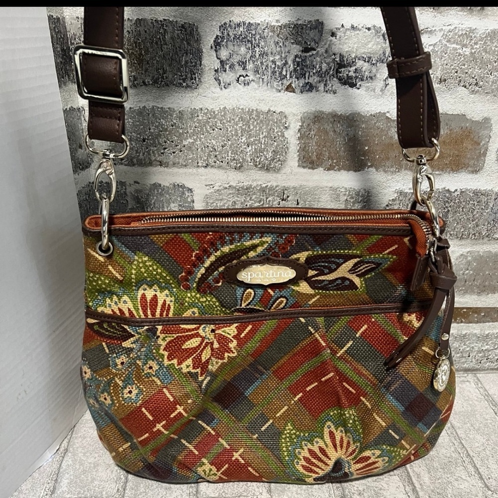 Spartina Gracie olive/rust plaid floral cross body purse medium